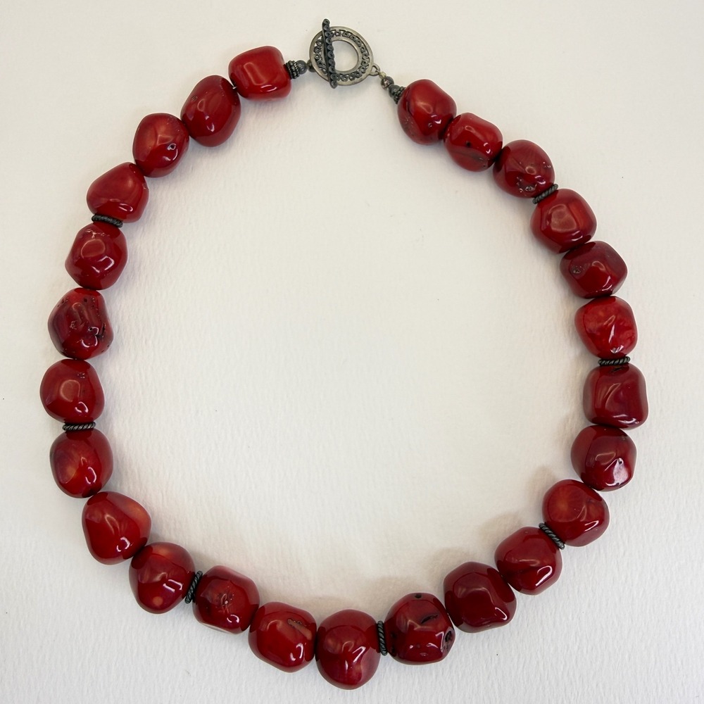 Chunky Red Coral Bead Necklace Large Polished Nugget Sterling Silver Clasp‎